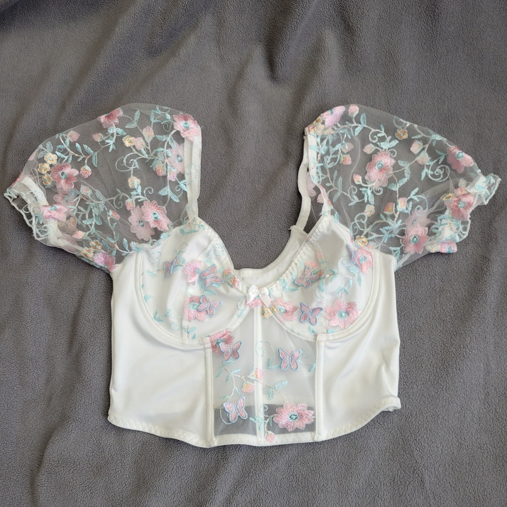 Cropped Top Womens Large Underwire Corsette Embroidered Bufferflies Floral - Picture 1 of 15